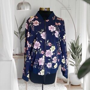 💮 Torrid Navy Blue Floral Twill Print Bomber Zip Jacket Size 1